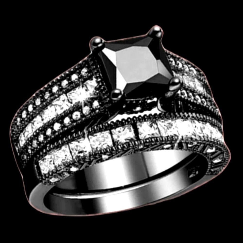Unisex 925 Black Sapphire Diamond Ring- Women's Jewelry